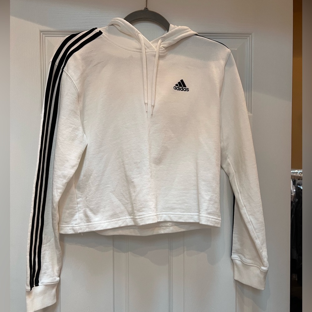 Adidas White Hoodie with Black Sleeve Stripes